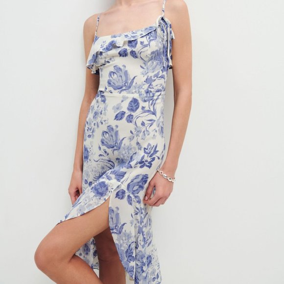 Reformation Liana Asymmetric Ruffled Floral-print Dress - Picture 2 of 16